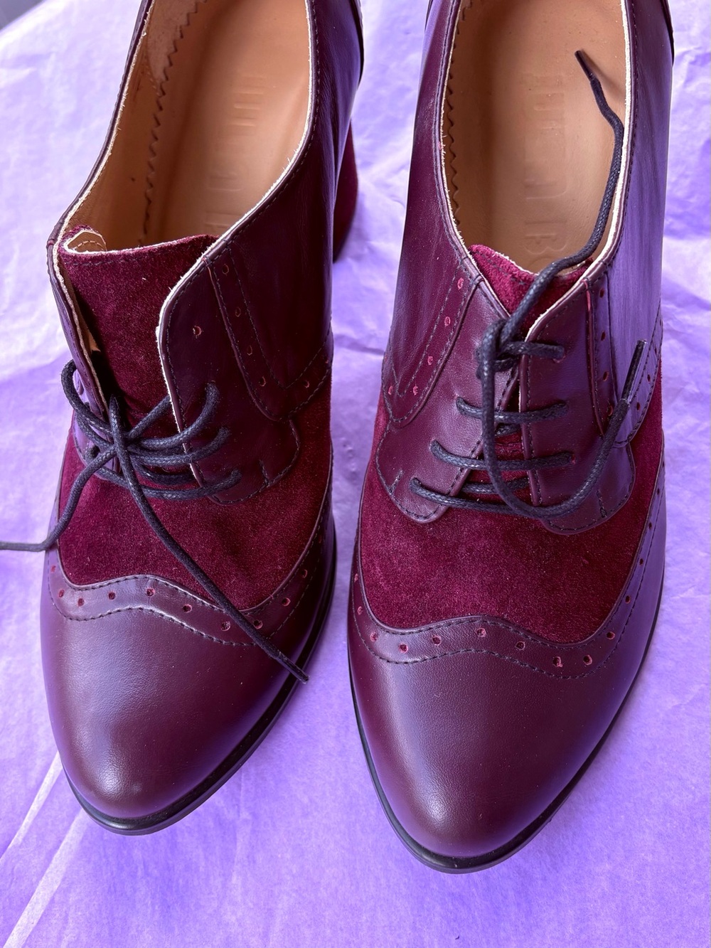 Retro style Burgundy Wingtip Lace-Up Heels — Suede & Leather NWT